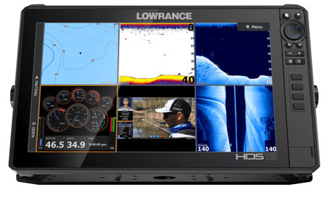 Lowrance HDS-16 Live 000-14436-001 front view, multi-pane screen with chart, sonar, gauges and video, no transducer