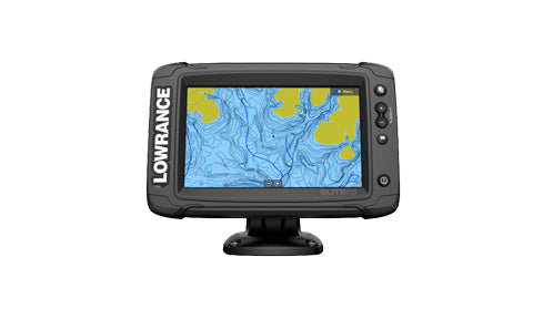 Lowrance Elite-7 Ti2 000-14630-001 on swivel bracket, contour chart with yellow land areas on screen, front view