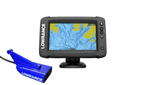 Lowrance Elite-7 Ti2 000-14636-001 chartplotter with blue map display beside the blue HDI transducer