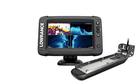 Lowrance Elite-7 Ti2 000-14640-001 on bracket showing sonar and chart views, with 3-in-1 transducer in front