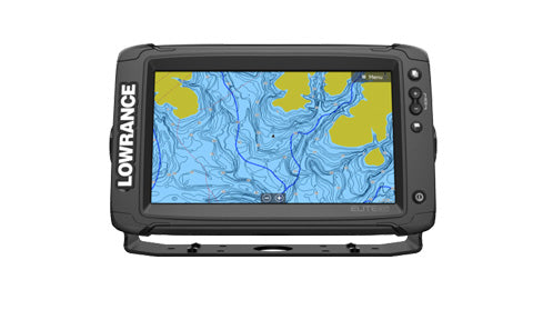 Lowrance Elite-9 Ti2 000-14644-001 on bracket, chart with contours and yellow shoreline on screen, front view