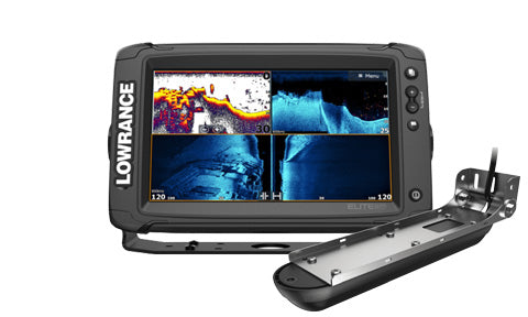 Lowrance Elite-9 Ti2 000-14650-001 chartplotter with sonar screens and 3-in-1 transducer shown beside it