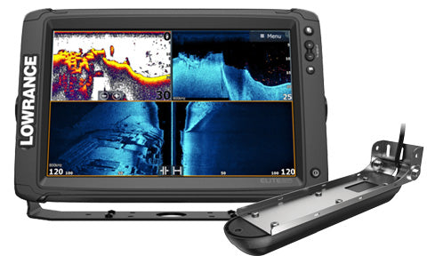 Lowrance Elite-12 Ti2 000-14660-001 showing three-panel sonar screen, with 3-in-1 transducer in front of the display