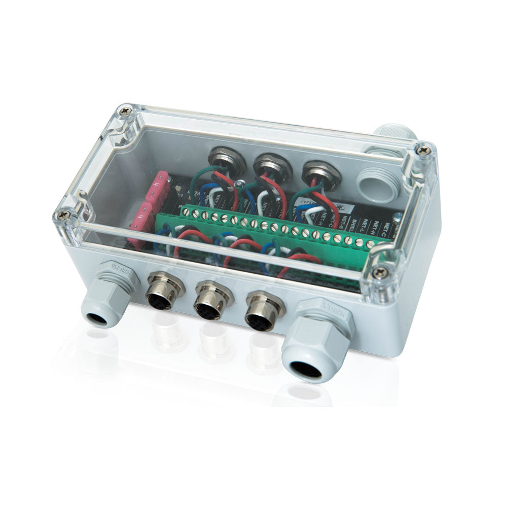 Actisense QNB-1-PMW NMEA 2000 network block, grey box with a clear lid, six micro female drops and cable glands, angled view