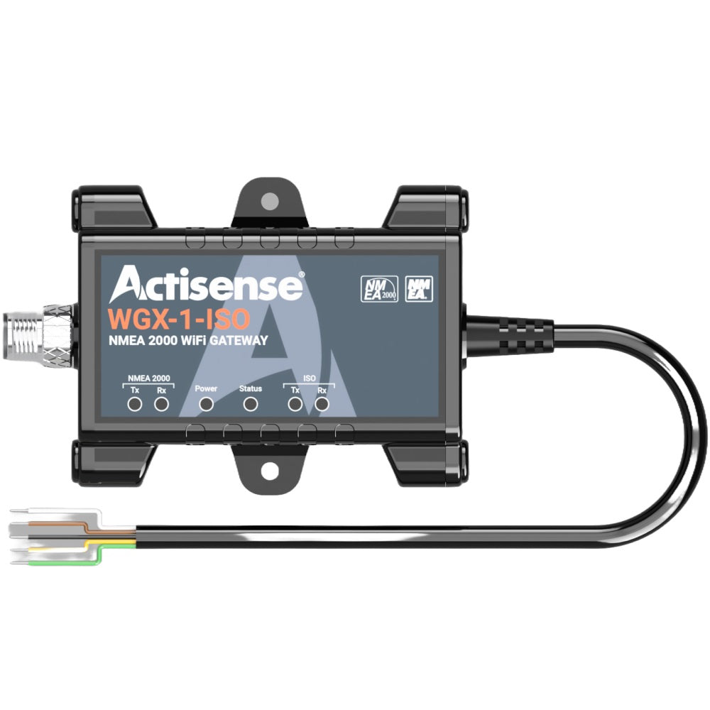 Actisense WGX-1-ISO Wi-Fi NMEA 0183 to NMEA 2000 gateway, dark box with status lights and a lead with coloured bare wires