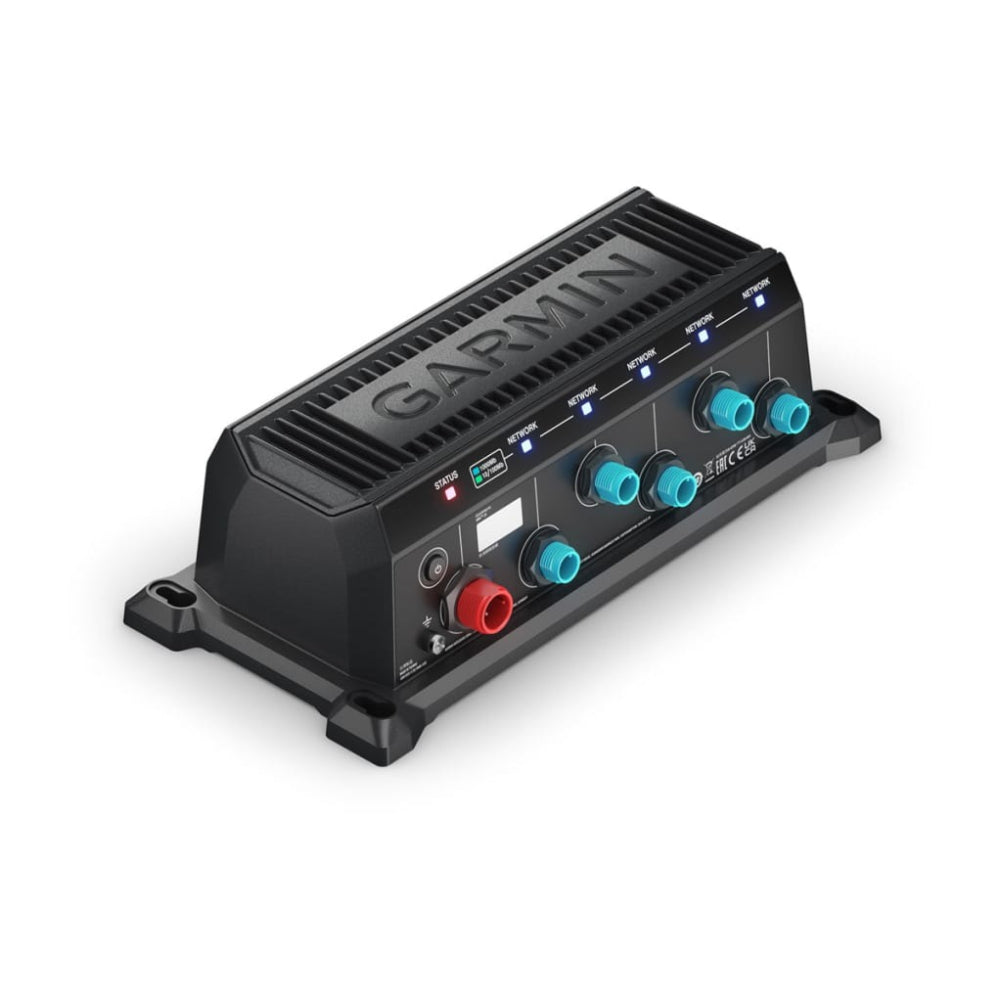 Garmin BlueNet 20 010-02612-00 switch, black box with Garmin lettering, red power and teal network ports