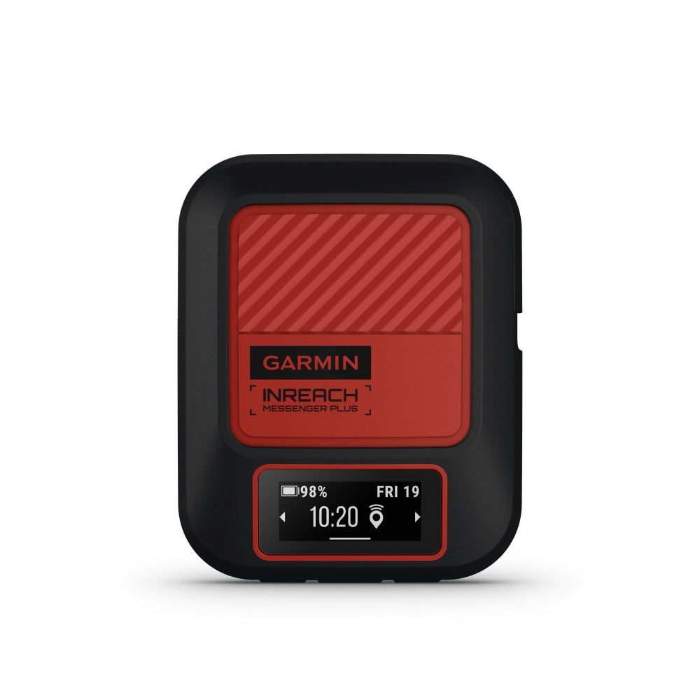 Garmin inReach Messenger Plus 010-02887-00 front view with red patterned back and time 10:20 on the display