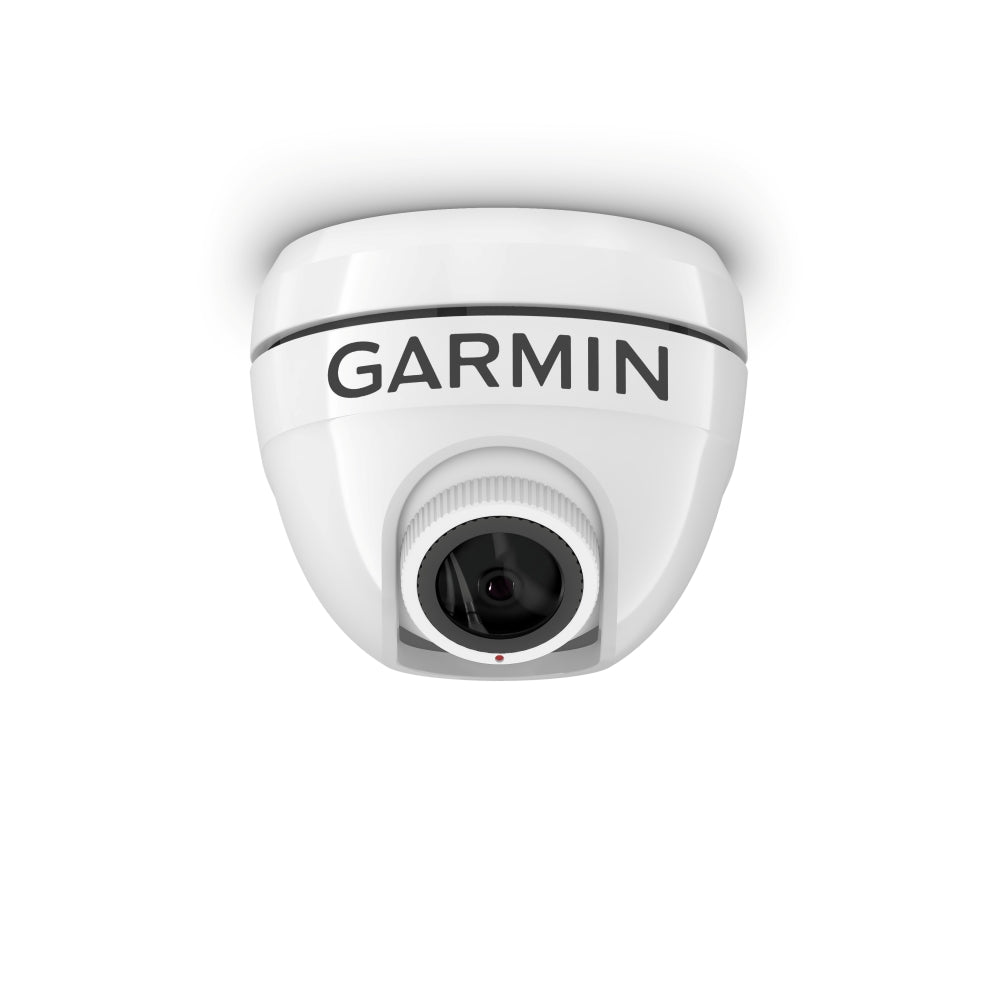 Garmin GC 245 010-02892-10 surface mount camera in white, front view of dome with Garmin lettering and lens