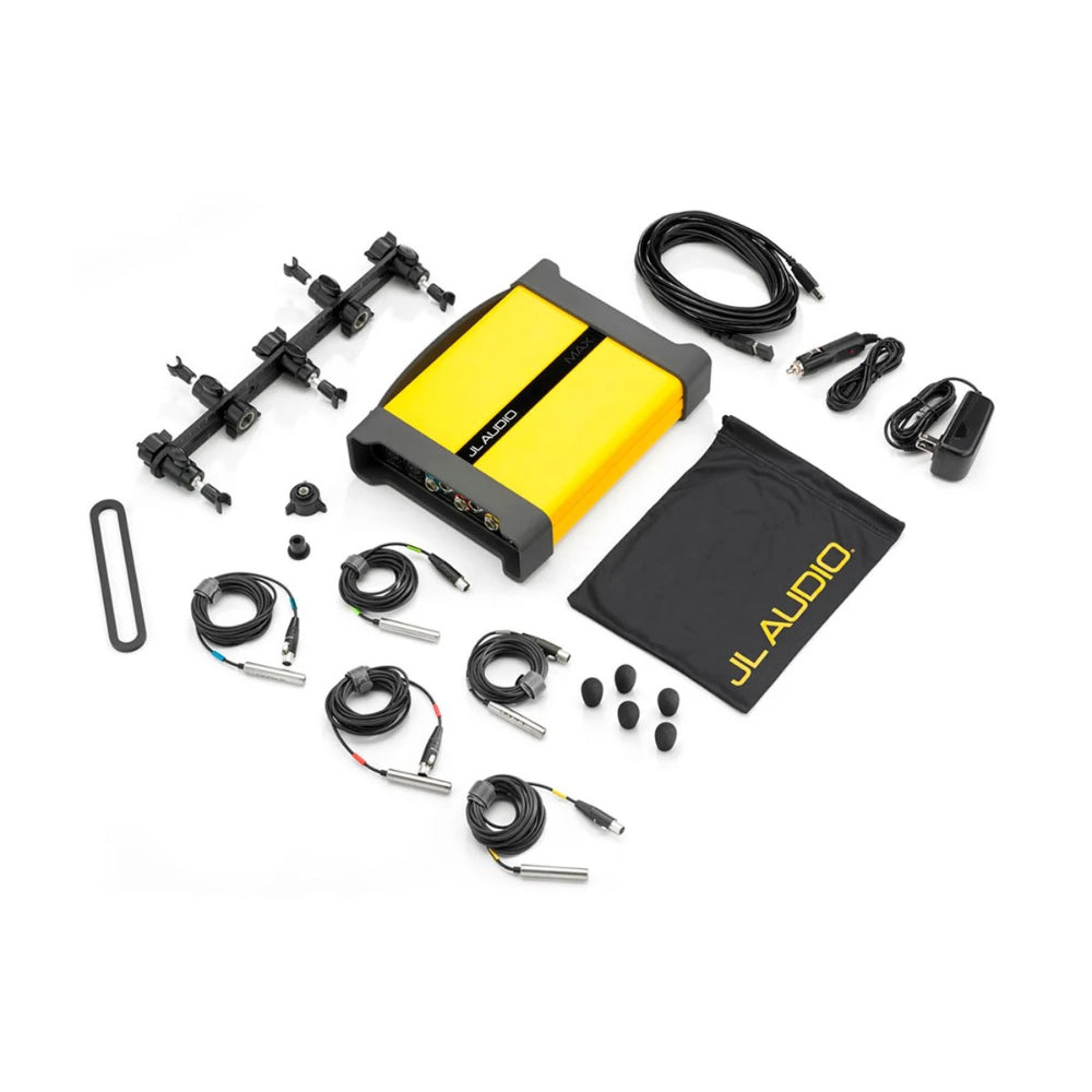 JL Audio MAX 010-03028-00 audio measurement system kit, yellow interface box, microphones, cables and carry bag