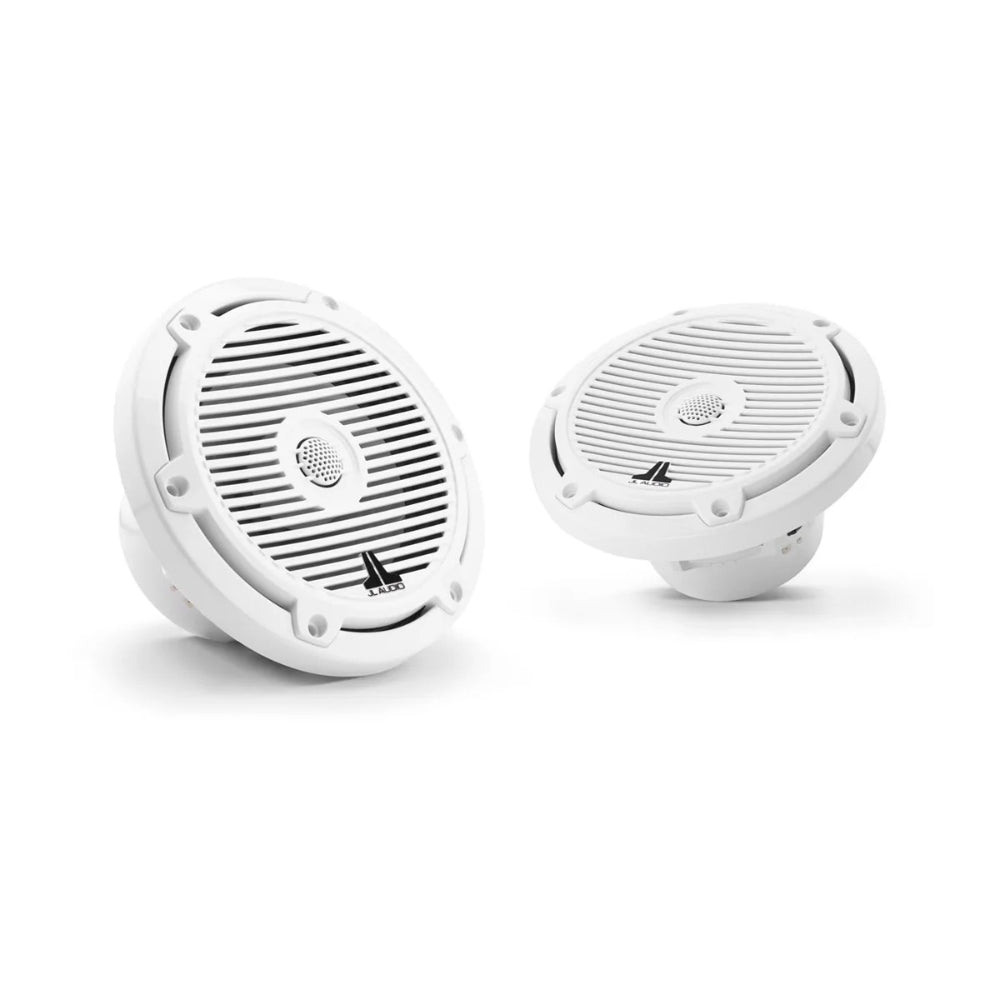 JL Audio M3 010-03060-00 6.5in marine speakers in white classic, pair shown front and angled