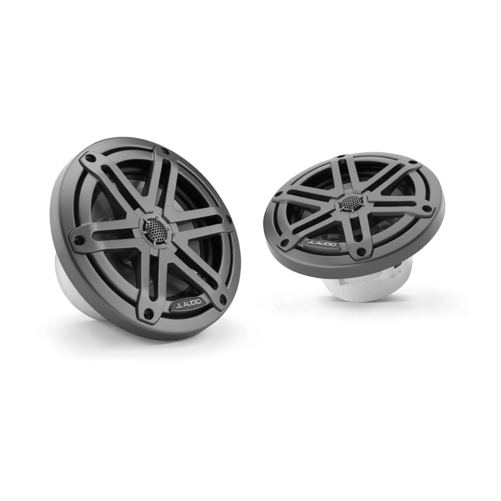 JL Audio M3 010-03061-00 marine speakers 6.5in with grey sport grille, pair shown front and angled