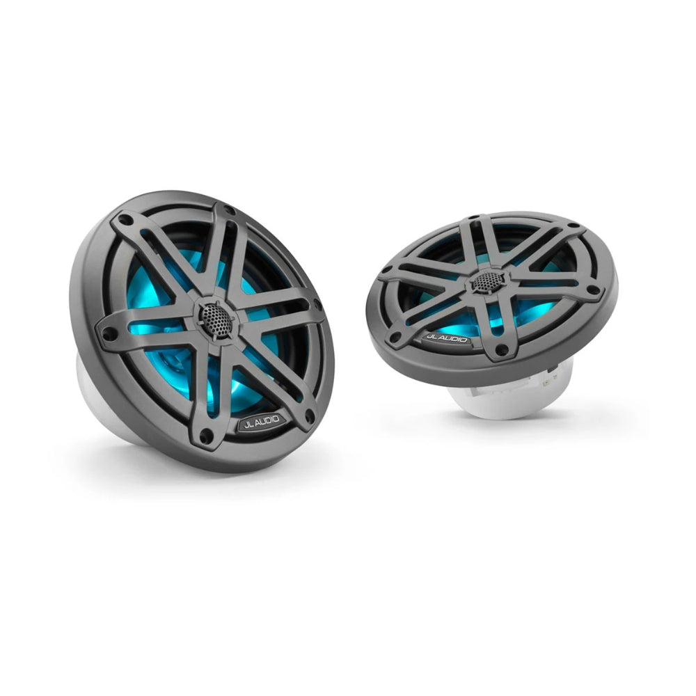JL Audio M3 010-03062-00 6.5in marine speakers with LED and grey sport grille, pair, one lit aqua