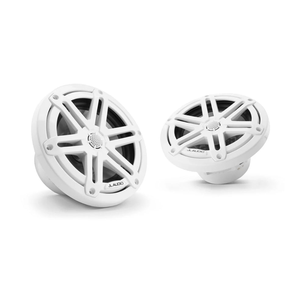 JL Audio M3 010-03063-00 6.5in marine speakers with white sport grille, pair shown front and angled
