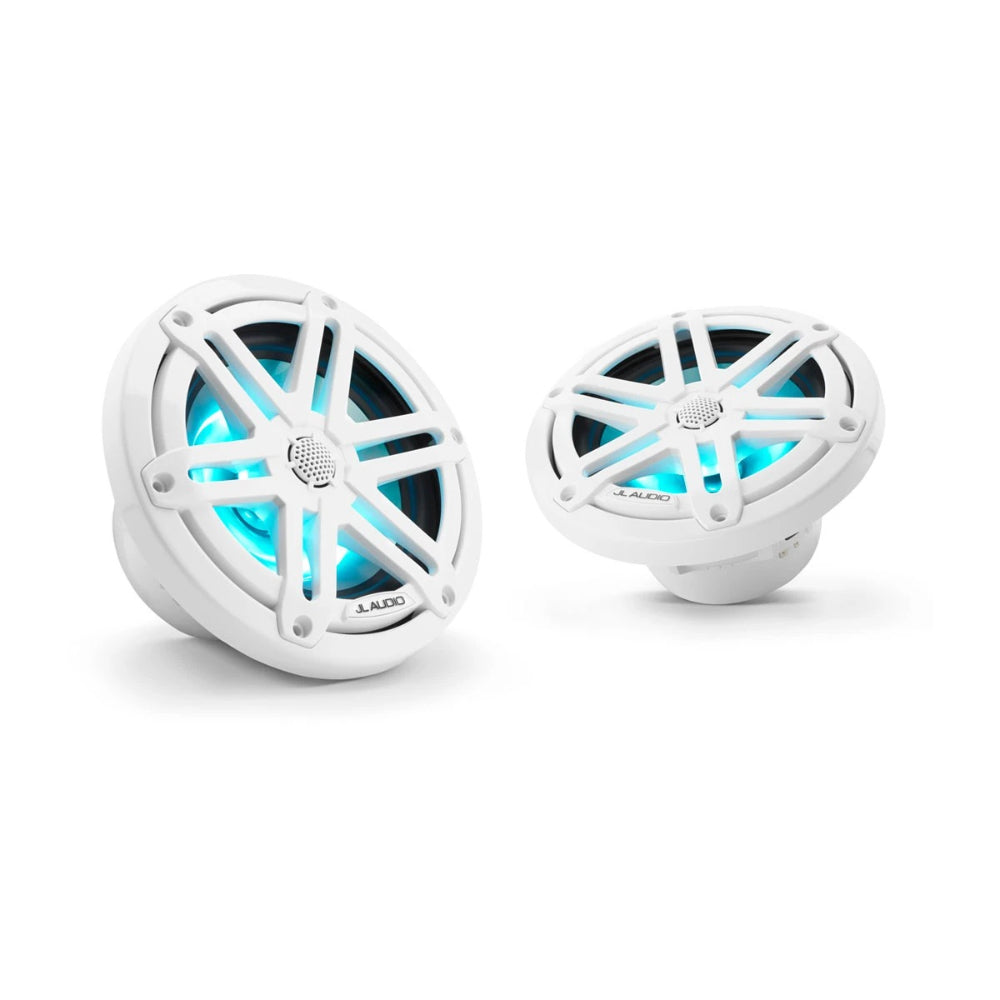 JL Audio M3 010-03064-00 6.5in marine speakers with RGB LED in white sport, pair lit aqua