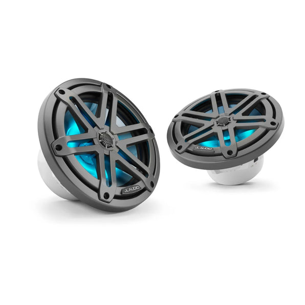 JL Audio M3 010-03067-00 7.7in marine speakers with LED and grey sport grille, pair lit aqua