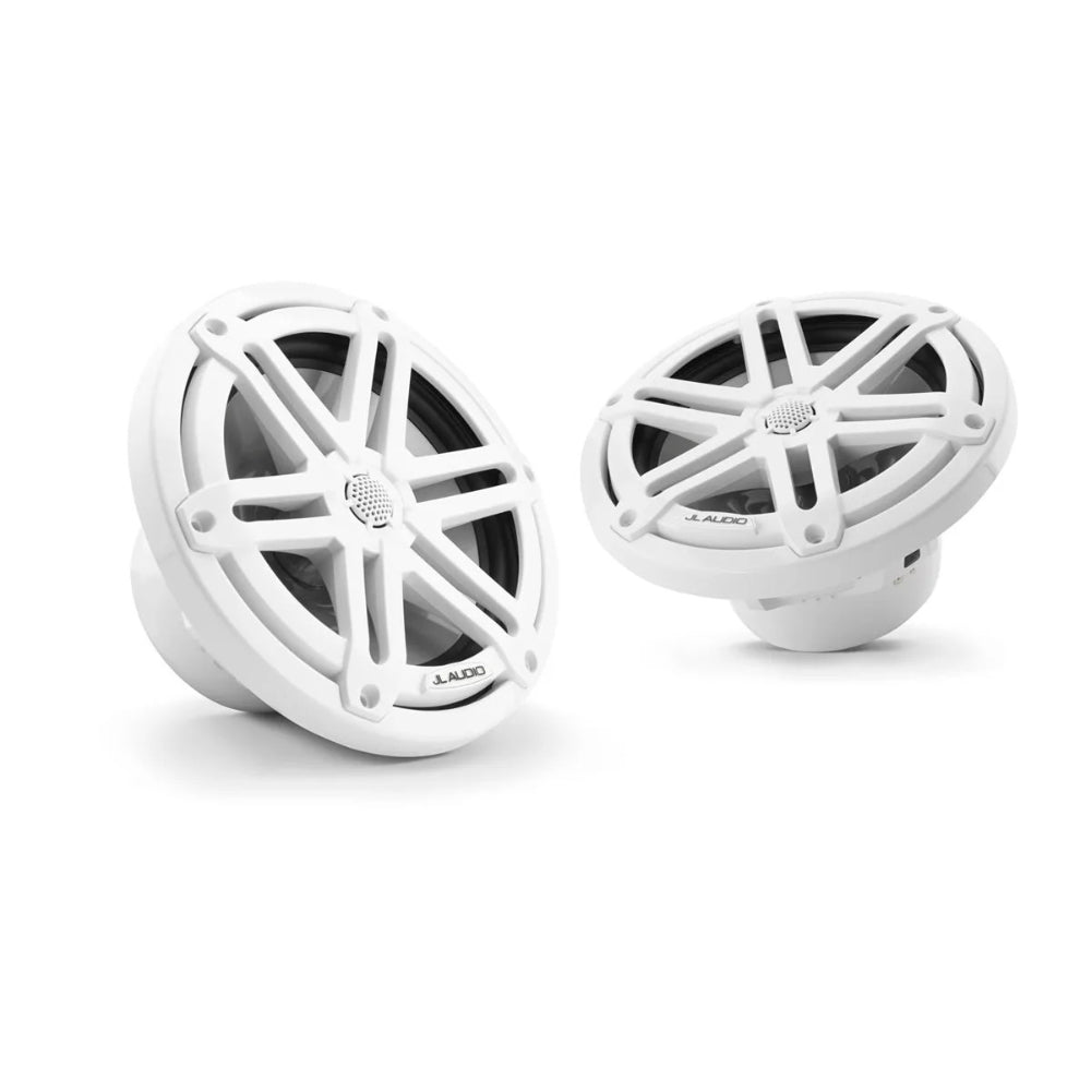 JL Audio M3 010-03068-00 7.7in marine speaker pair in white sport finish, front and angled views