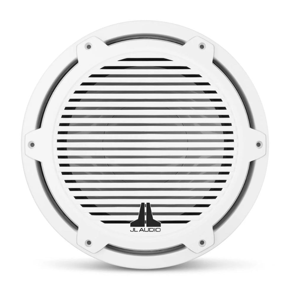 JL Audio M3 010-03070-00 10in marine subwoofer in white classic, front view of slatted grille and JL logo