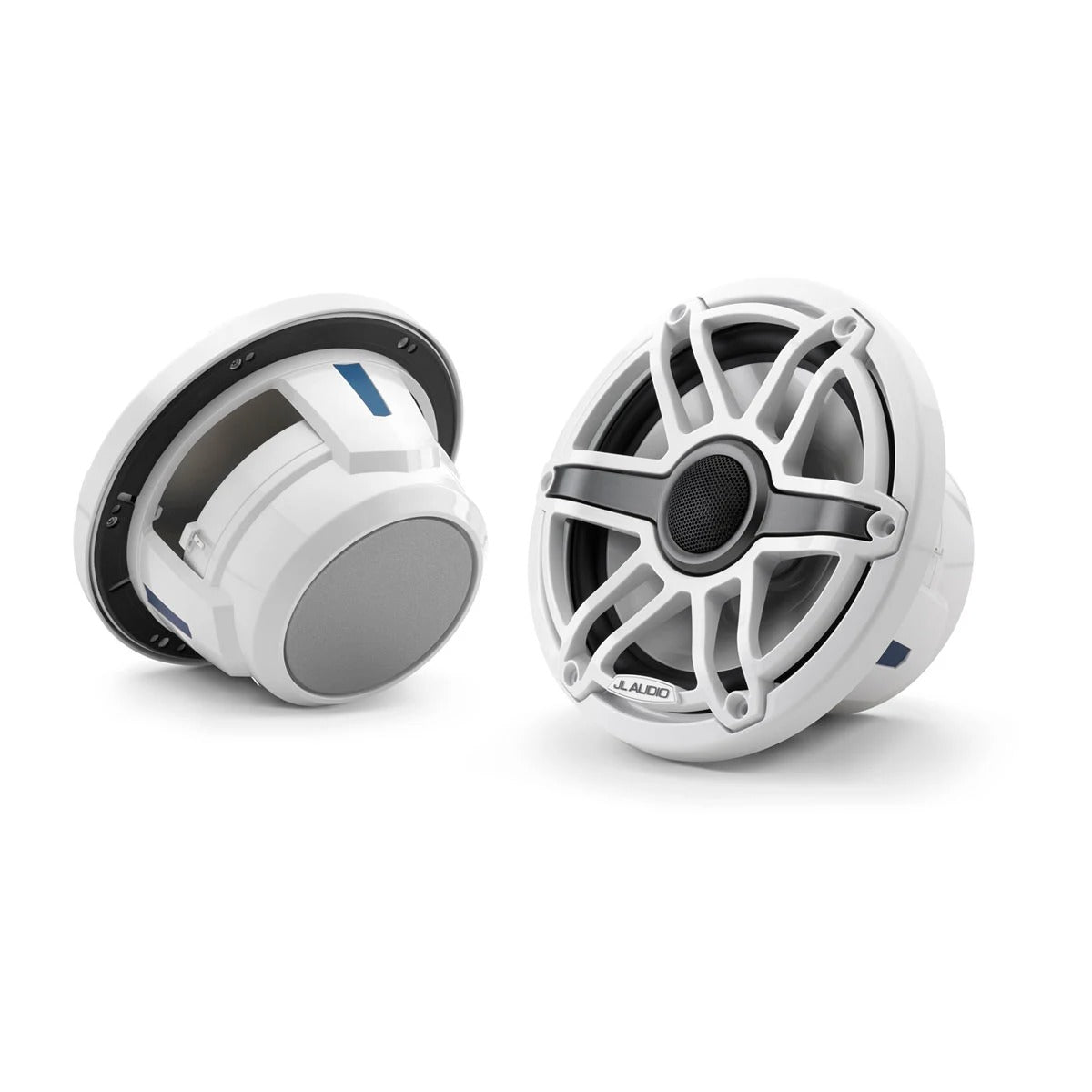 JL Audio M6 010-03073-00 7.7in marine speakers with white sport grille, pair shown front and rear