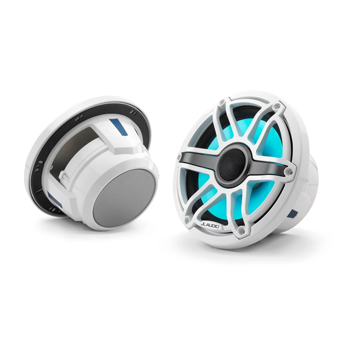 JL Audio M6 010-03074-00 7.7in marine speakers with LED and white sport grille, pair, one lit aqua