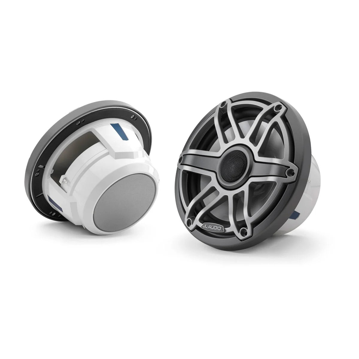 JL Audio M6 010-03075-00 7.7in marine speakers with titanium sport grille, pair shown from front and back