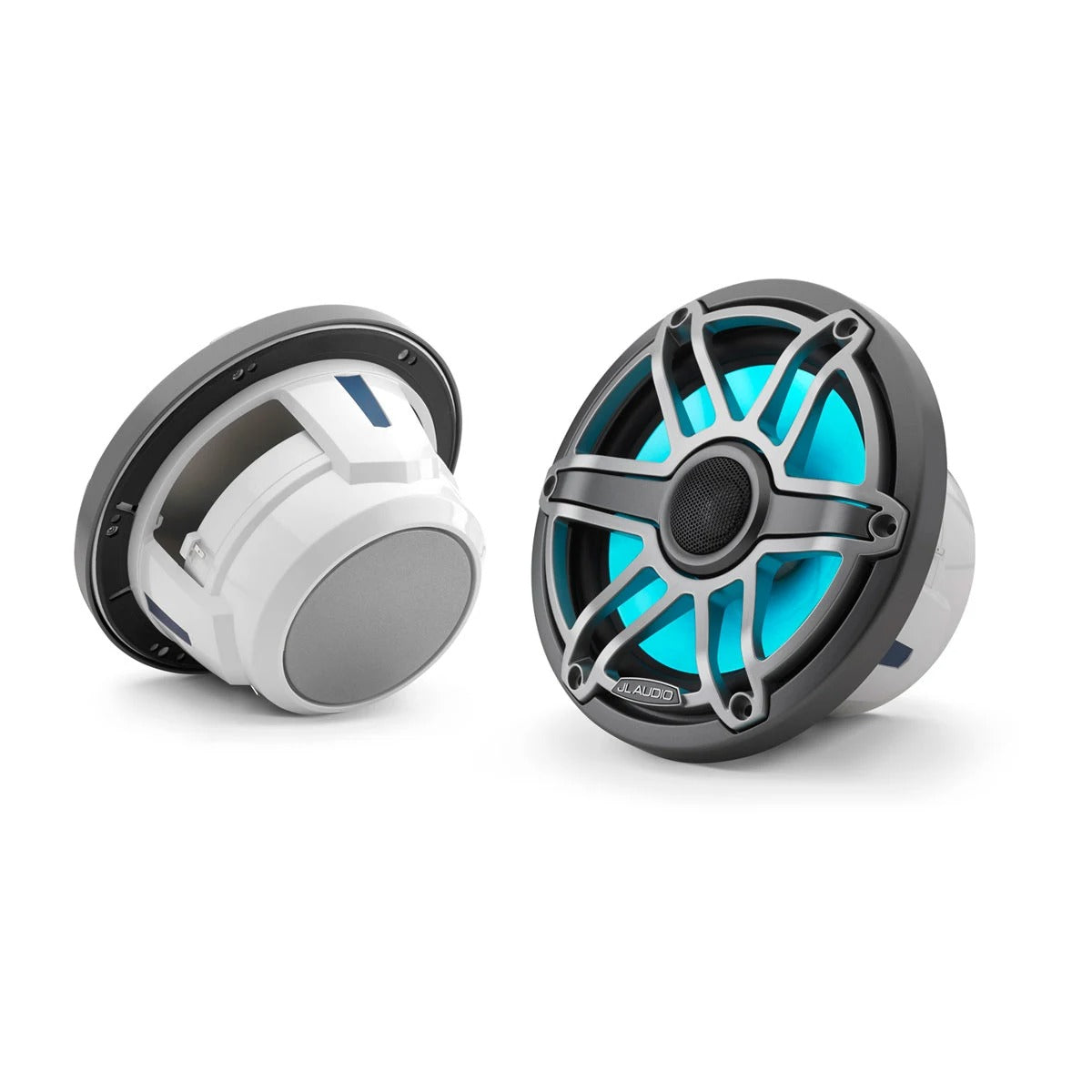 JL Audio M6 010-03076-00 7.7in marine speakers with LED and titanium sport grille, pair, one lit aqua