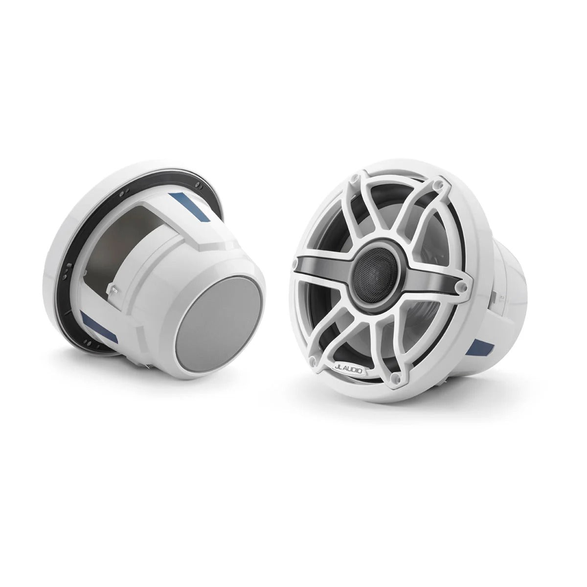 JL Audio M6 010-03078-00 8.8in marine speakers with white sport grille, pair shown front and rear