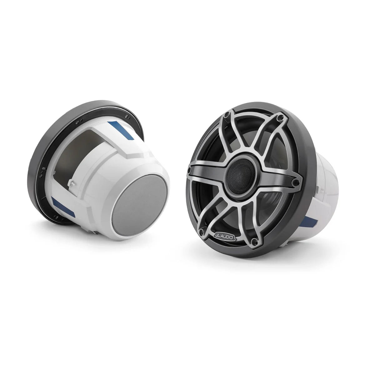 JL Audio M6 010-03079-00 8.8in marine speakers with titanium sport grille, pair shown front and rear