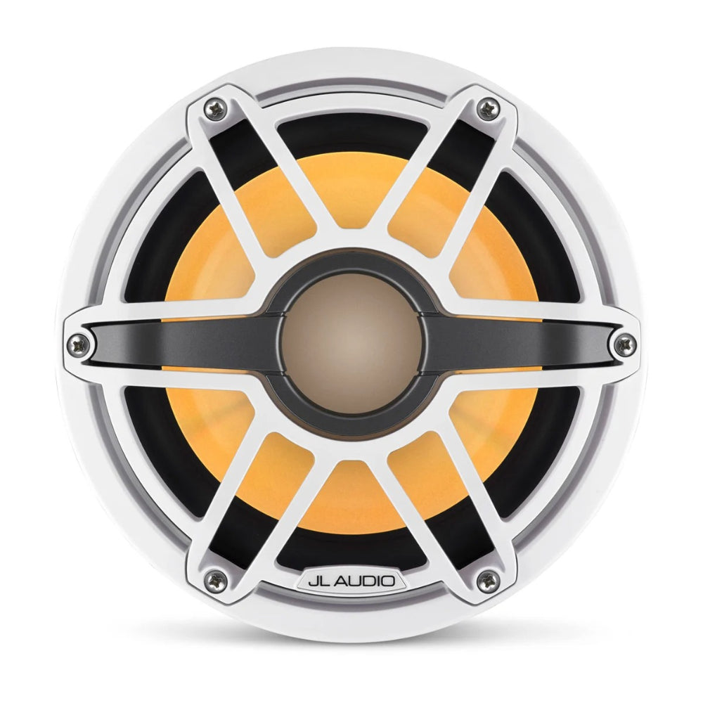 JL Audio M6 010-03081-00 8in marine subwoofer with RGB LED, white sport grille lit amber, front view