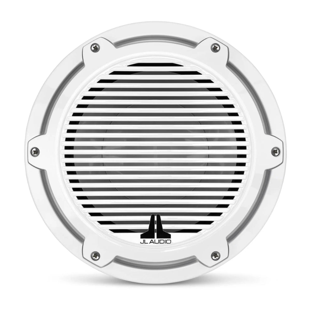 JL Audio M6 010-03083-00 10in marine subwoofer in white classic, front view of slatted grille and JL logo
