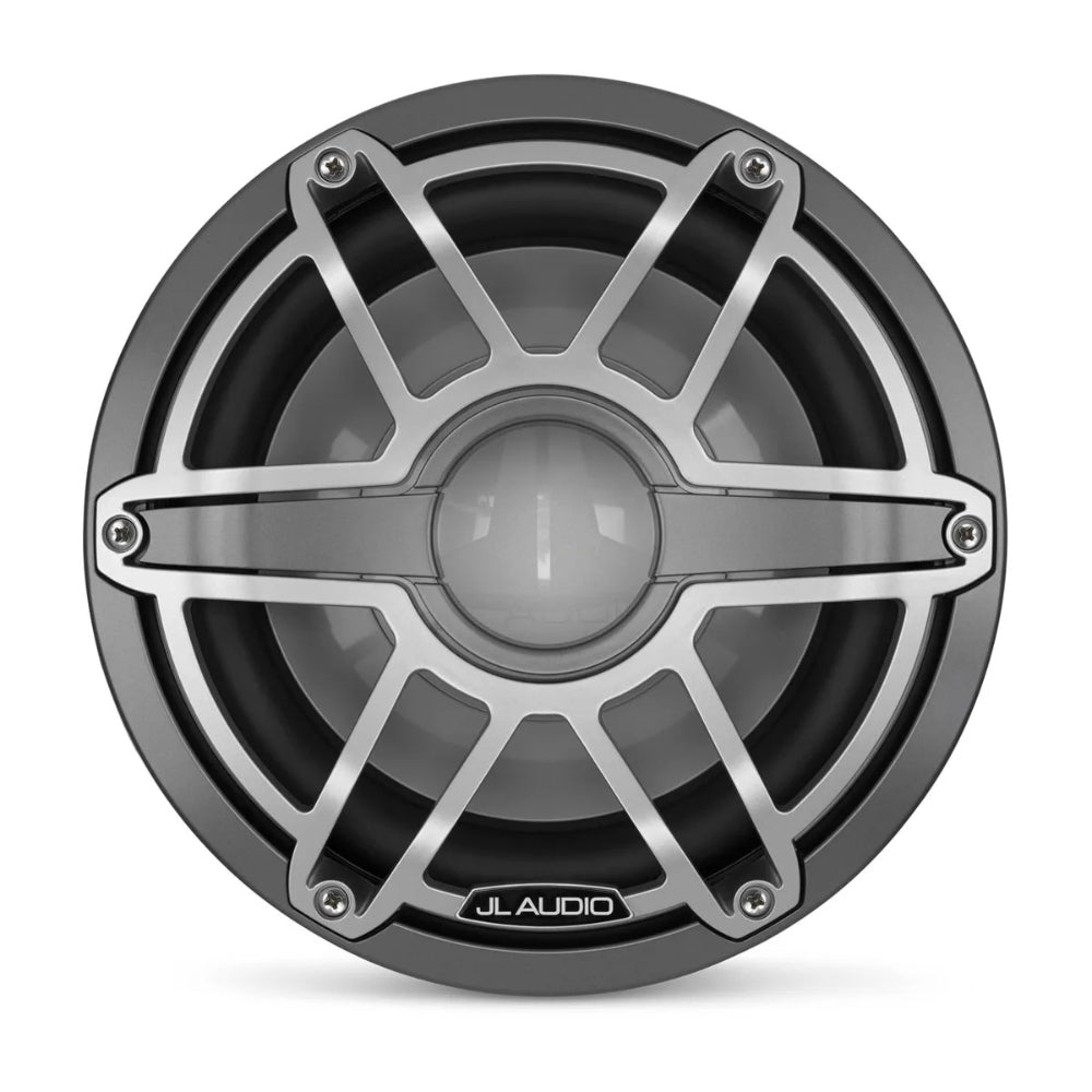 JL Audio M6 010-03086-00 10in marine subwoofer in titanium sport finish, front view of grille and cone