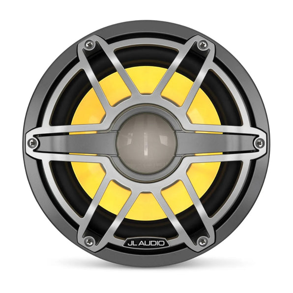 JL Audio M6 010-03087-00 10in marine subwoofer with LED and titanium sport grille, lit yellow, front view