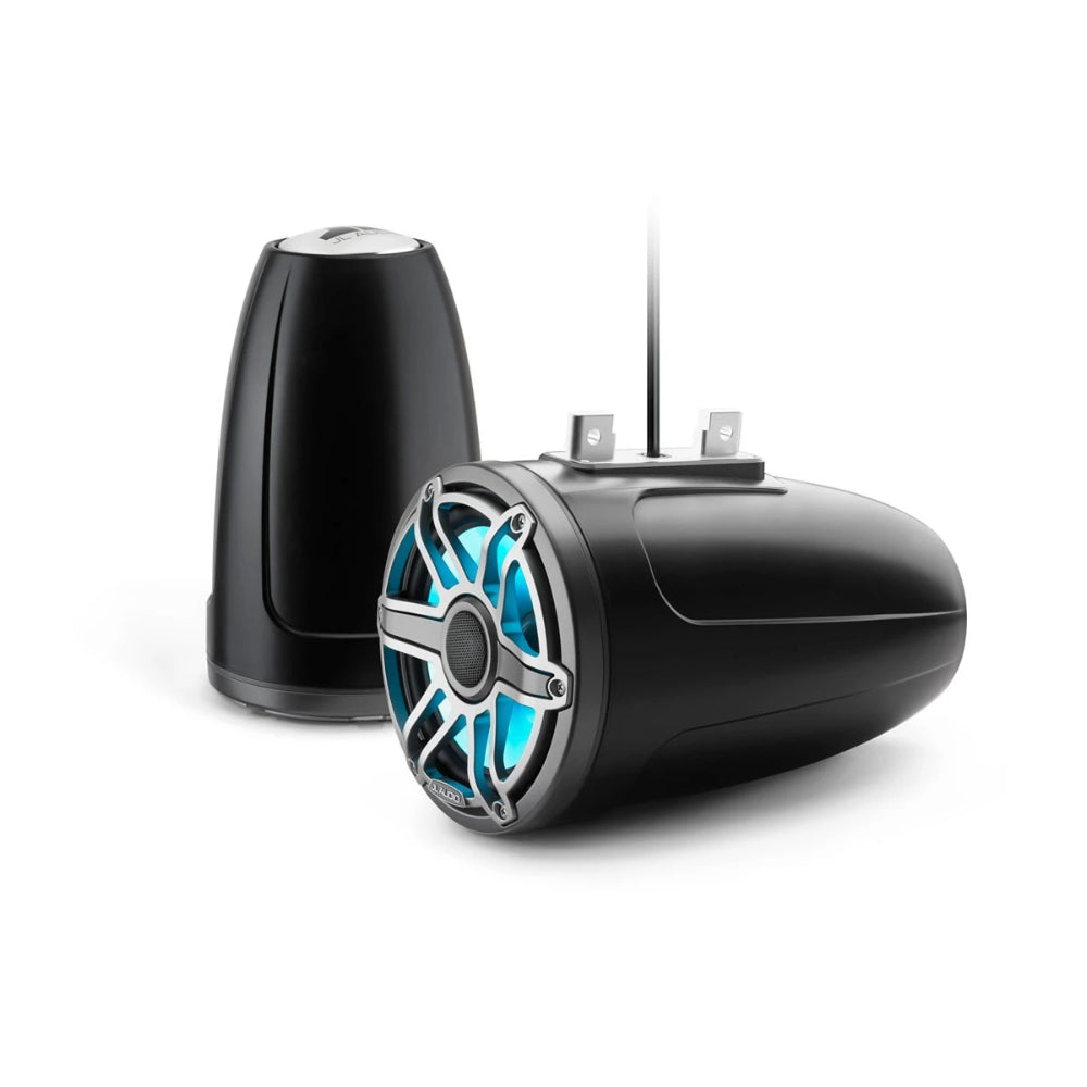 JL Audio M6 010-03088-00 enclosed tower speakers 7.7in with RGB LED, black pods with titanium grille lit aqua