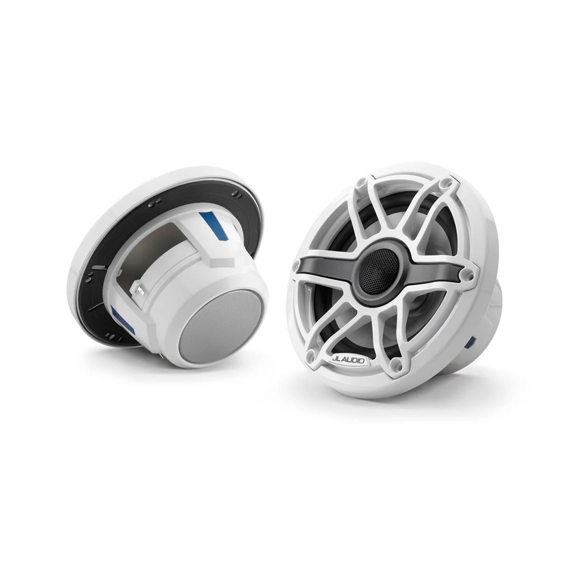 JL Audio M6 010-03090-00 6.5in marine speakers with white sport grille, pair shown front and rear