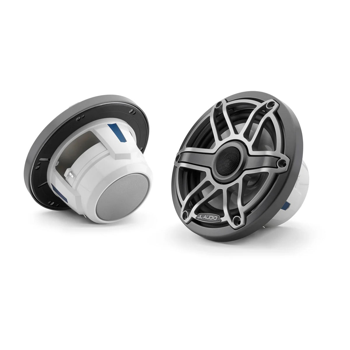 JL Audio M6 010-03091-00 6.5in marine speakers in titanium sport, pair shown front and rear