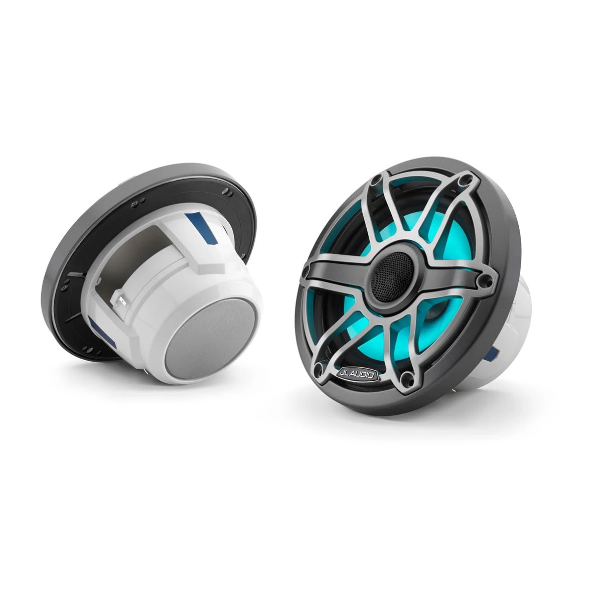 JL Audio M6 010-03092-00 6.5in marine speakers with LED and titanium sport grille, pair, one lit aqua