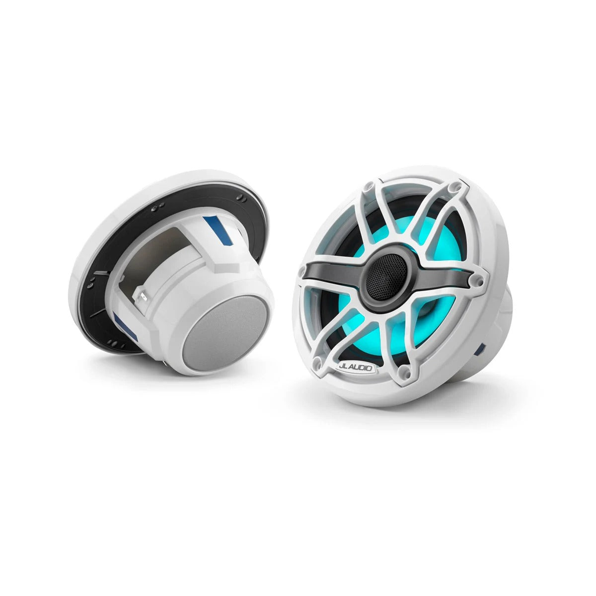 JL Audio M6 010-03093-00 6.5in marine speaker pair, one with white sport grille, one with grey grille lit aqua