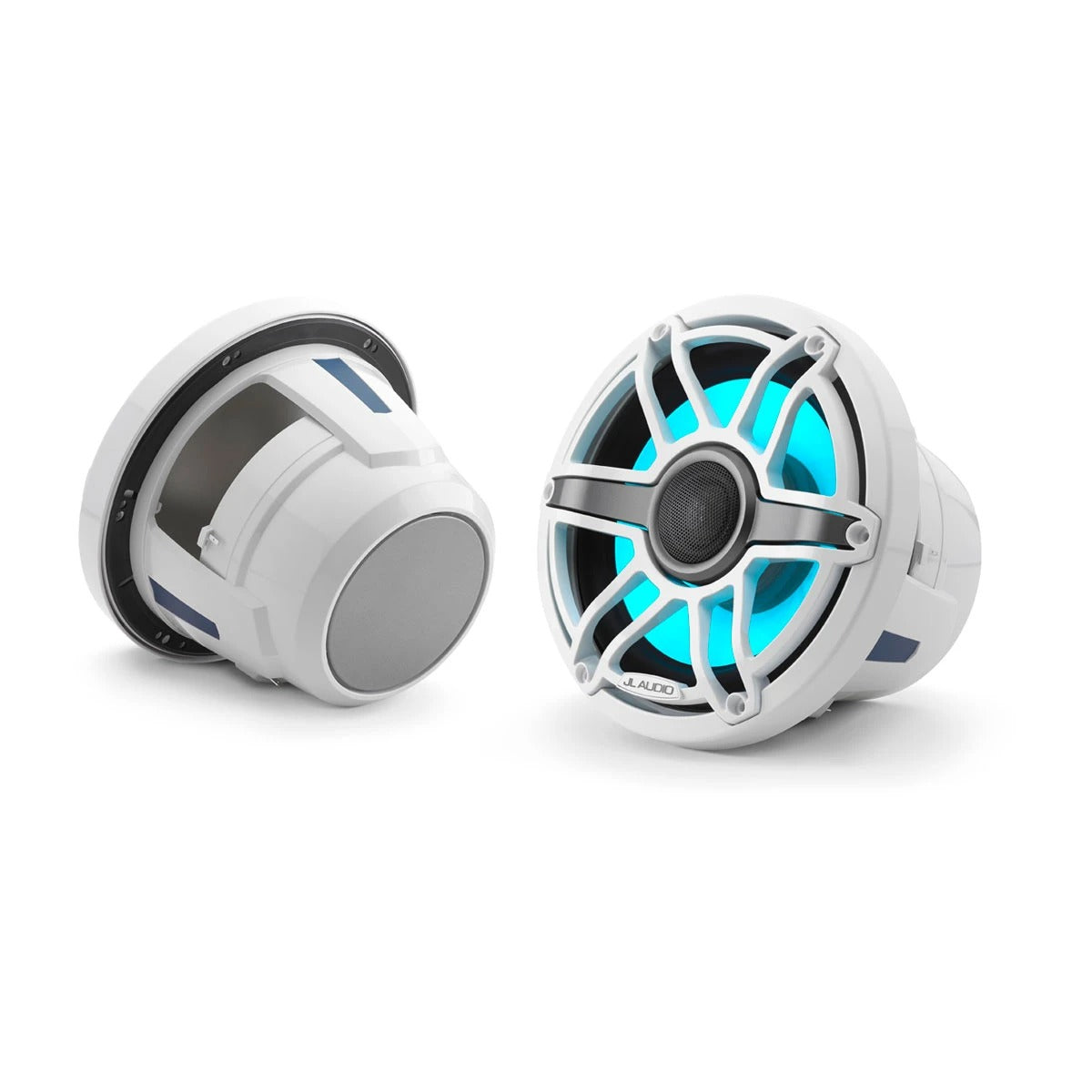 JL Audio M6 010-03095-00 8.8in marine speaker pair with LED and white sport grille, one lit aqua