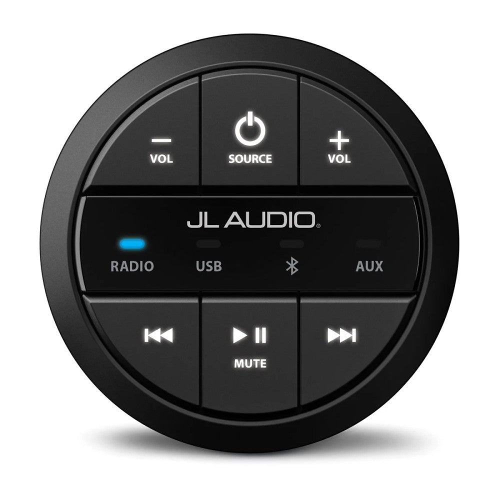 JL Audio MMR-20-BE 010-03131-00 wired remote for MediaMaster, black round remote with source and volume keys