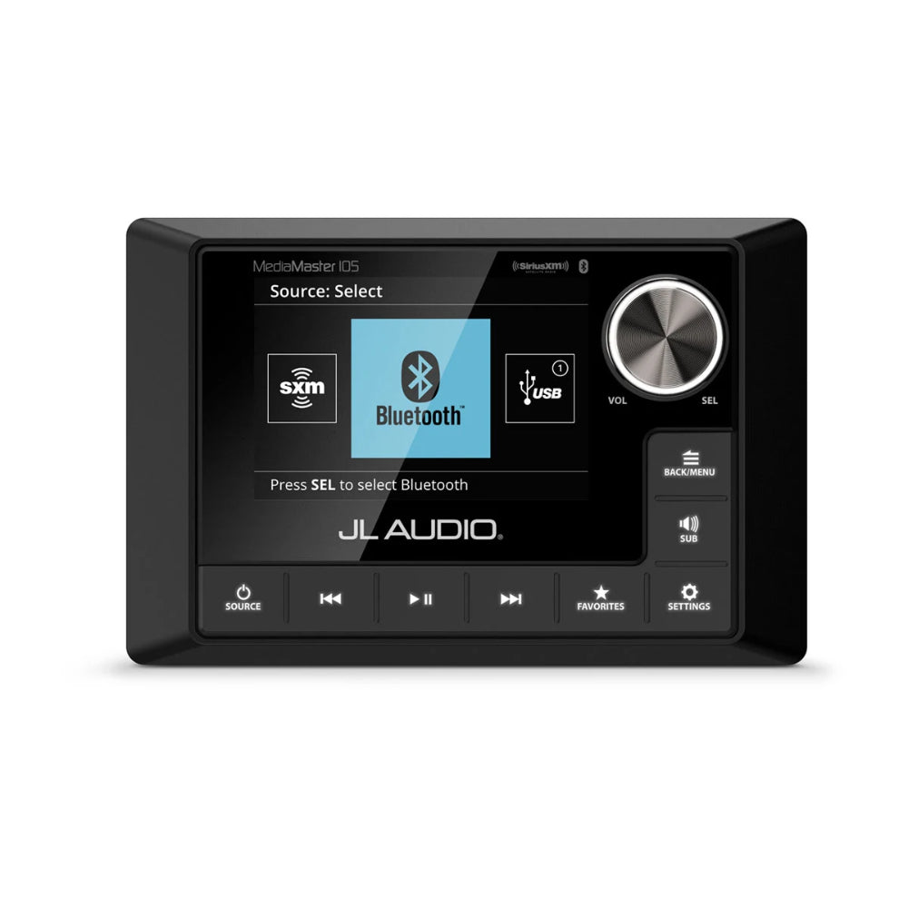JL Audio MM105 010-03132-00 weatherproof source unit, black stereo with colour display showing Bluetooth source select
