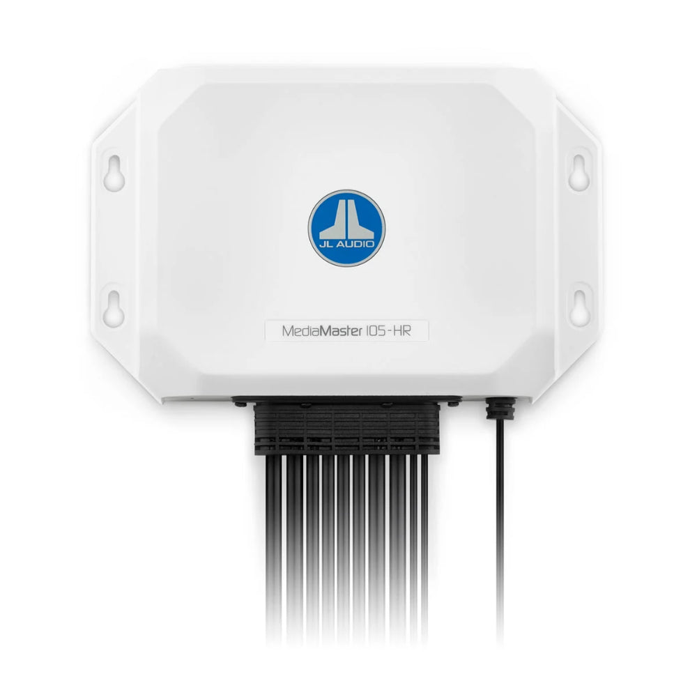 JL Audio MediaMaster 105 010-03133-00 hideaway marine stereo, white box with blue JL logo and wiring harness