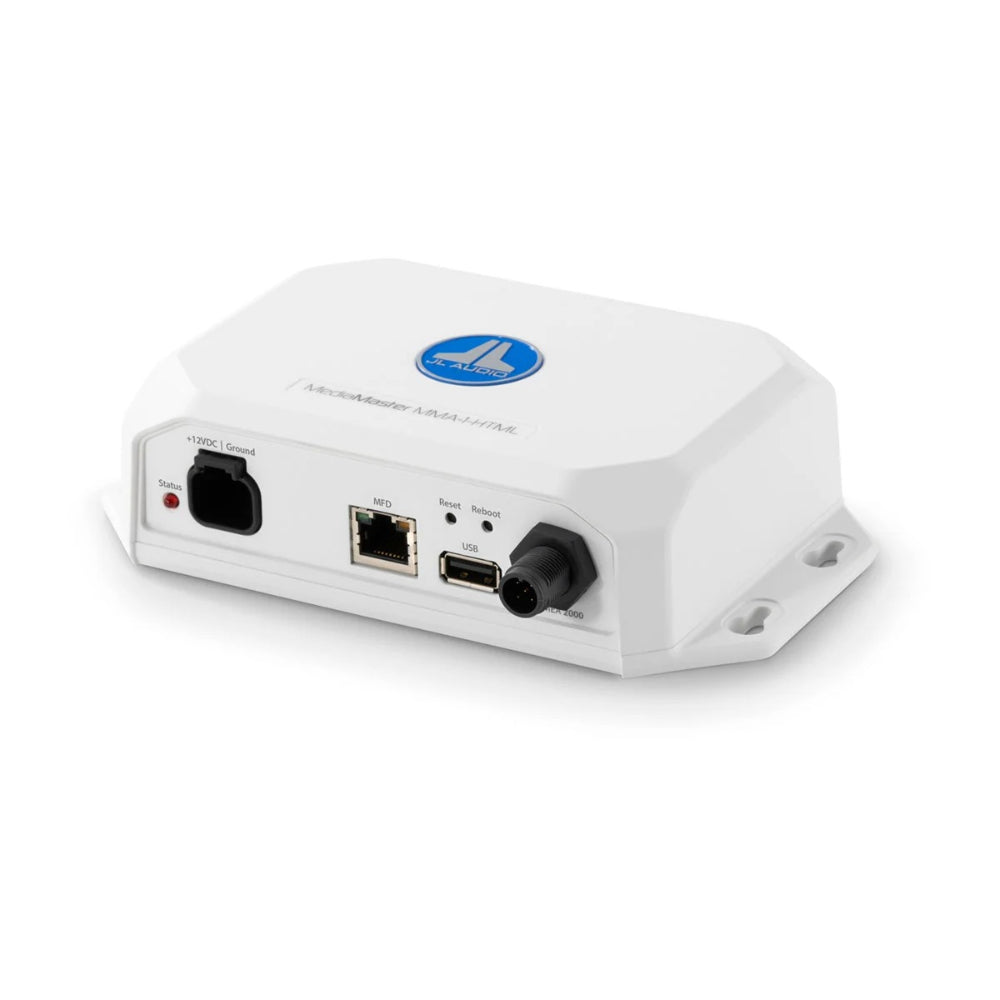 JL Audio MFD data interface 010-03135-00 for MediaMaster source unit, white box with Ethernet, USB and round sockets