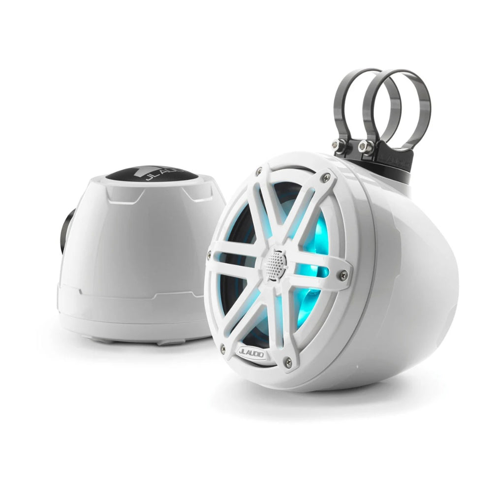 JL Audio VeX M3 010-03258-00 enclosed system, 6.5in with LED and white sport grille lit aqua, pipe clamps