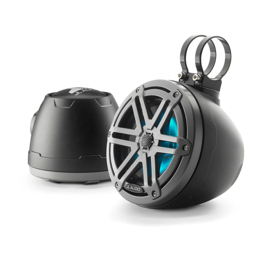 JL Audio VeX M3 010-03259-00 enclosed system 6.5in with LED and grey sport grille, lit aqua, pipe clamps