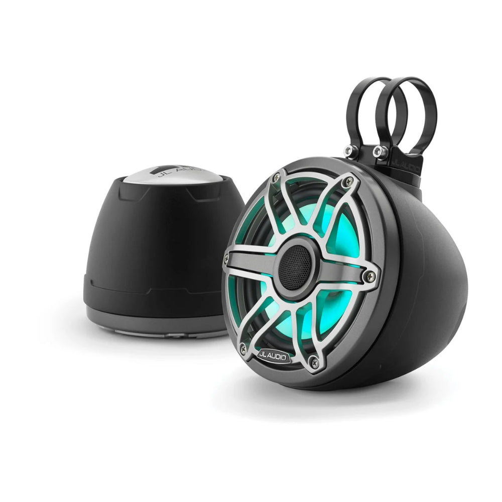 JL Audio M6 VeX 010-03261-00 enclosed speakers 6.5in with RGB LED in titanium, black pods lit aqua