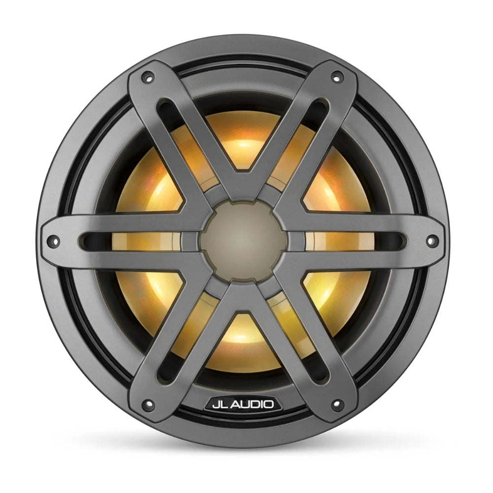 JL Audio M3 010-03264-00 10in marine subwoofer with LED and grey sport grille, front view lit amber