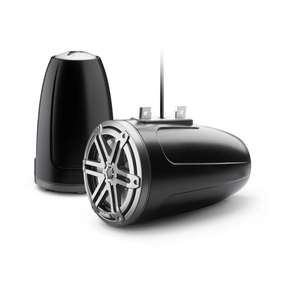 JL Audio M3 010-03267-00 7.7in enclosed tower speakers in grey sport, black pods with grille on one speaker