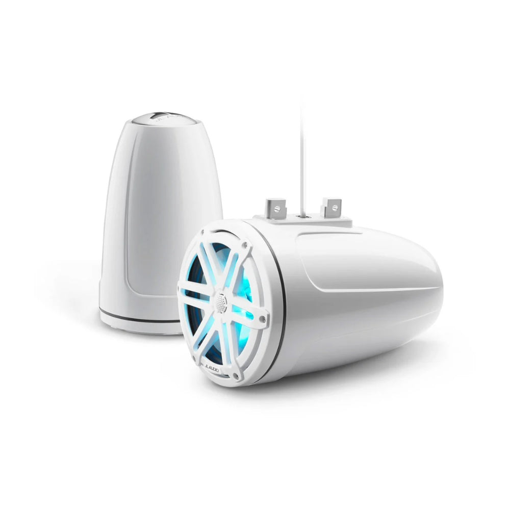 JL Audio M3 010-03270-00 enclosed tower speakers 7.7in with RGB LED in white, one lit aqua
