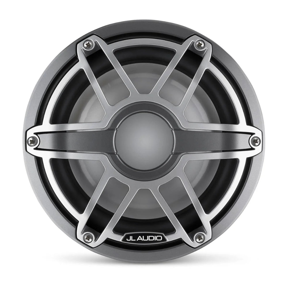 JL Audio M6 010-03275-00 8in marine subwoofer in titanium sport, front view of grille and cone