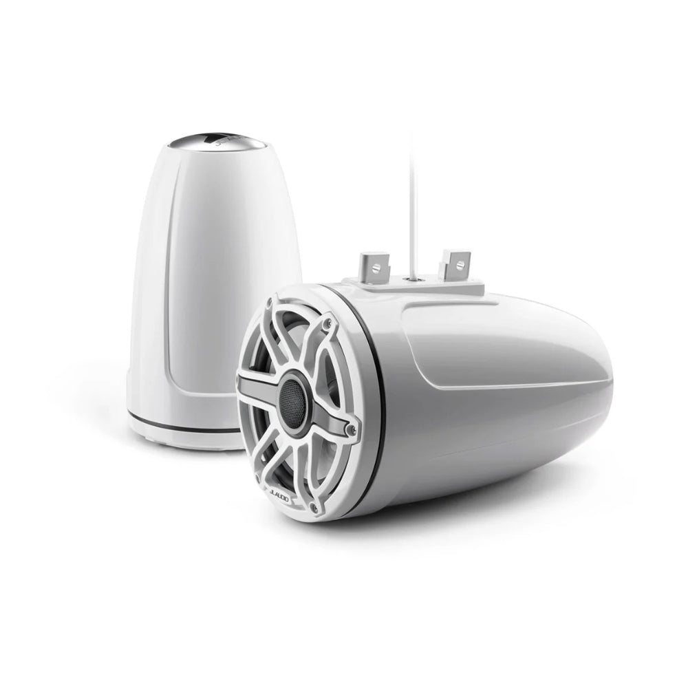 JL Audio M6 010-03277-00 enclosed tower speakers 7.7in in white sport, white pod and speaker with grille