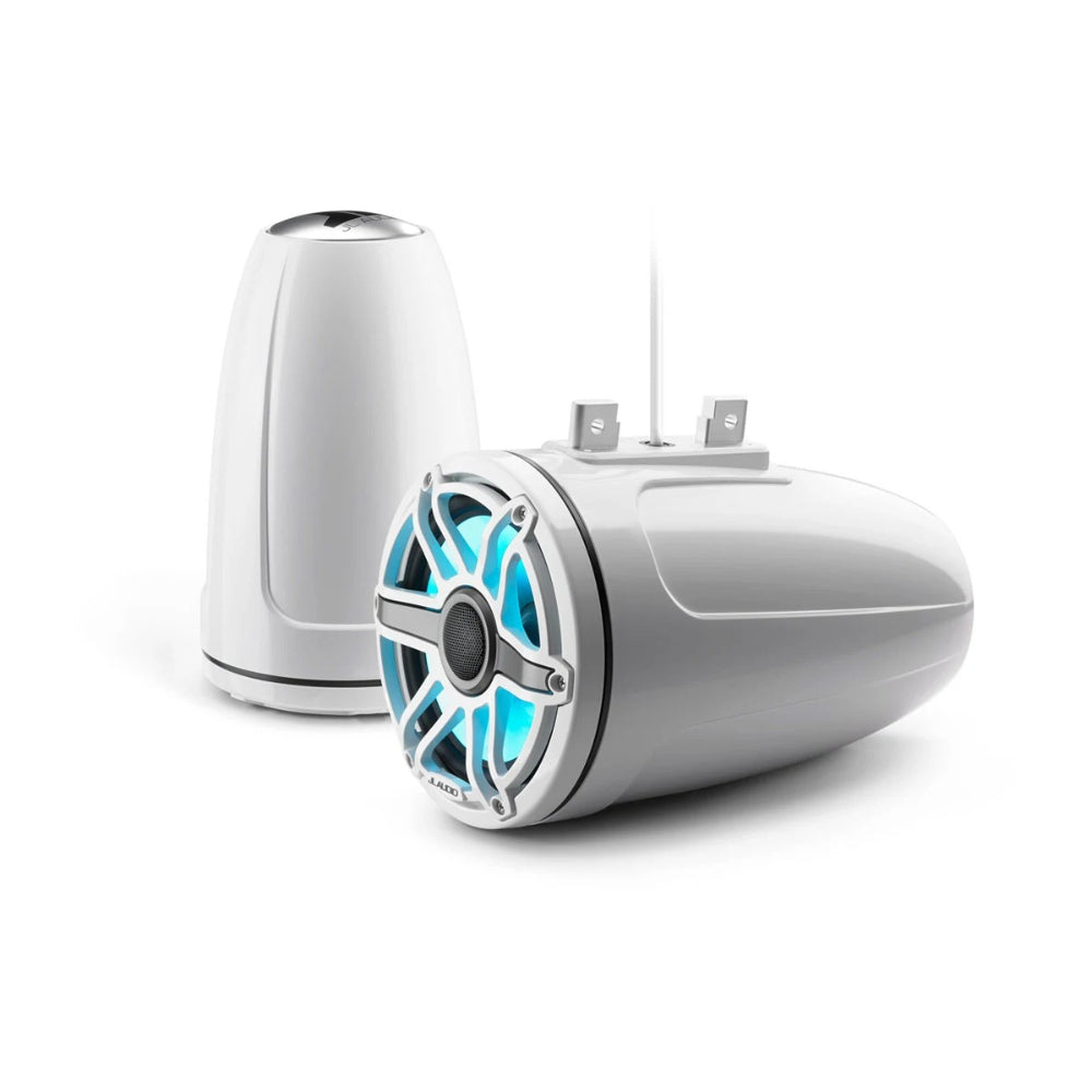 JL Audio M6 010-03278-00 enclosed tower speakers 7.7in with LED and white sport grille, lit aqua